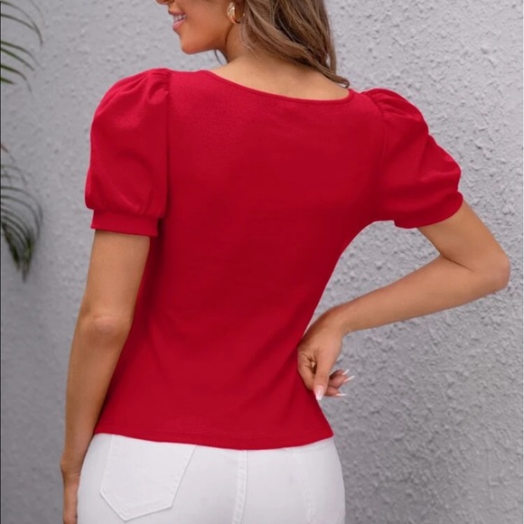 Red puff sleeve V neck blouse - Picture 3 of 5